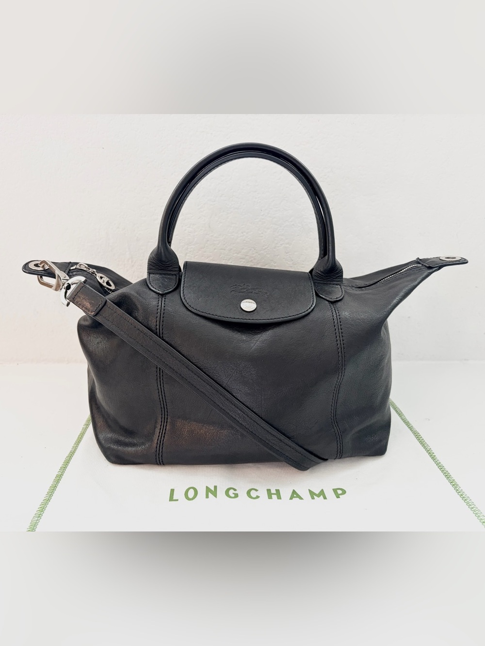 ❤️SOLD❤️ Longchamp Le Pliage Cuir Medium Black Leather Top Handle Crossbody Bag - Picture 13 of 16